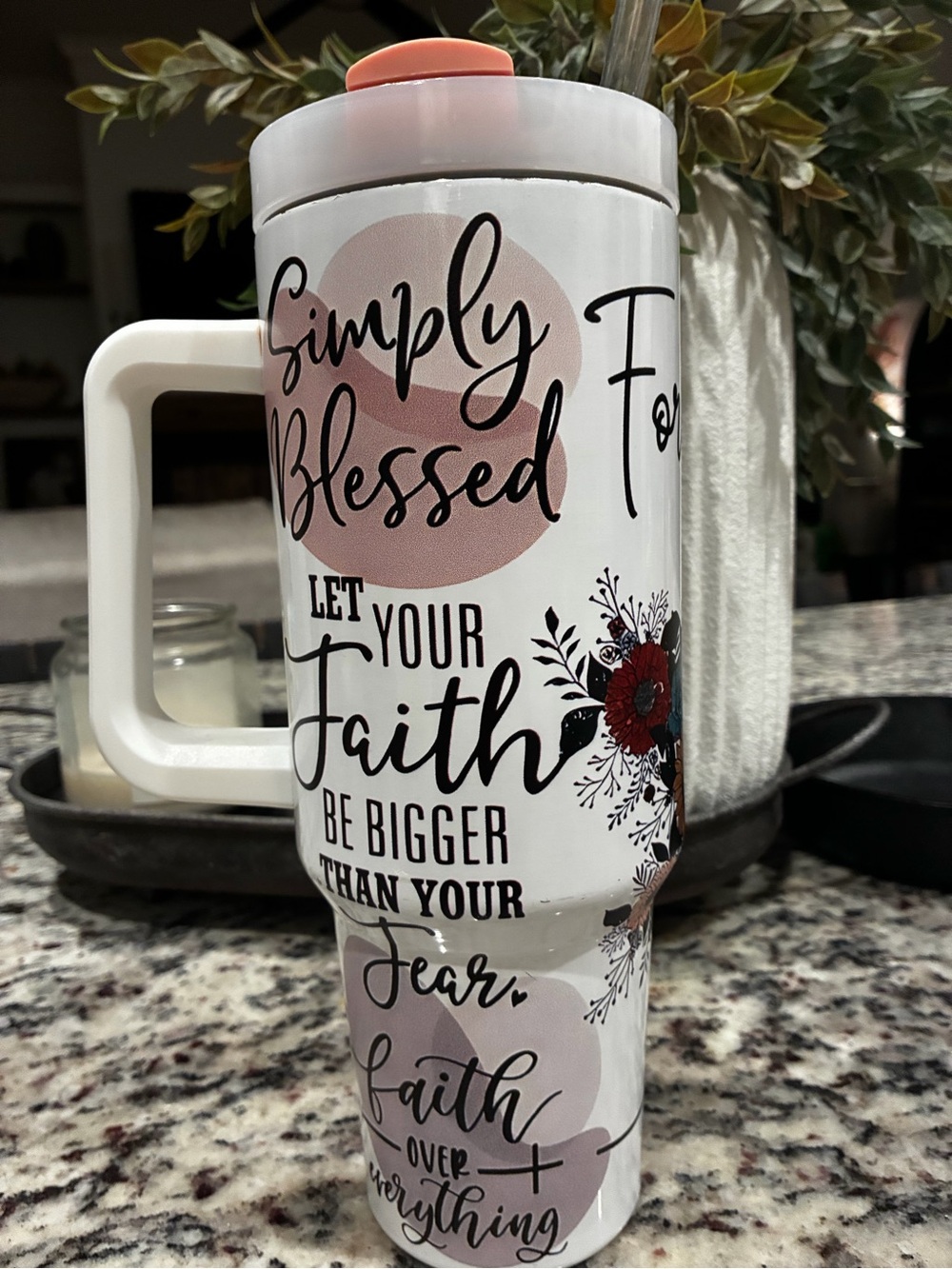 Simply Blessed Faith Travel Tumbler - White with Pink Accents 44oz